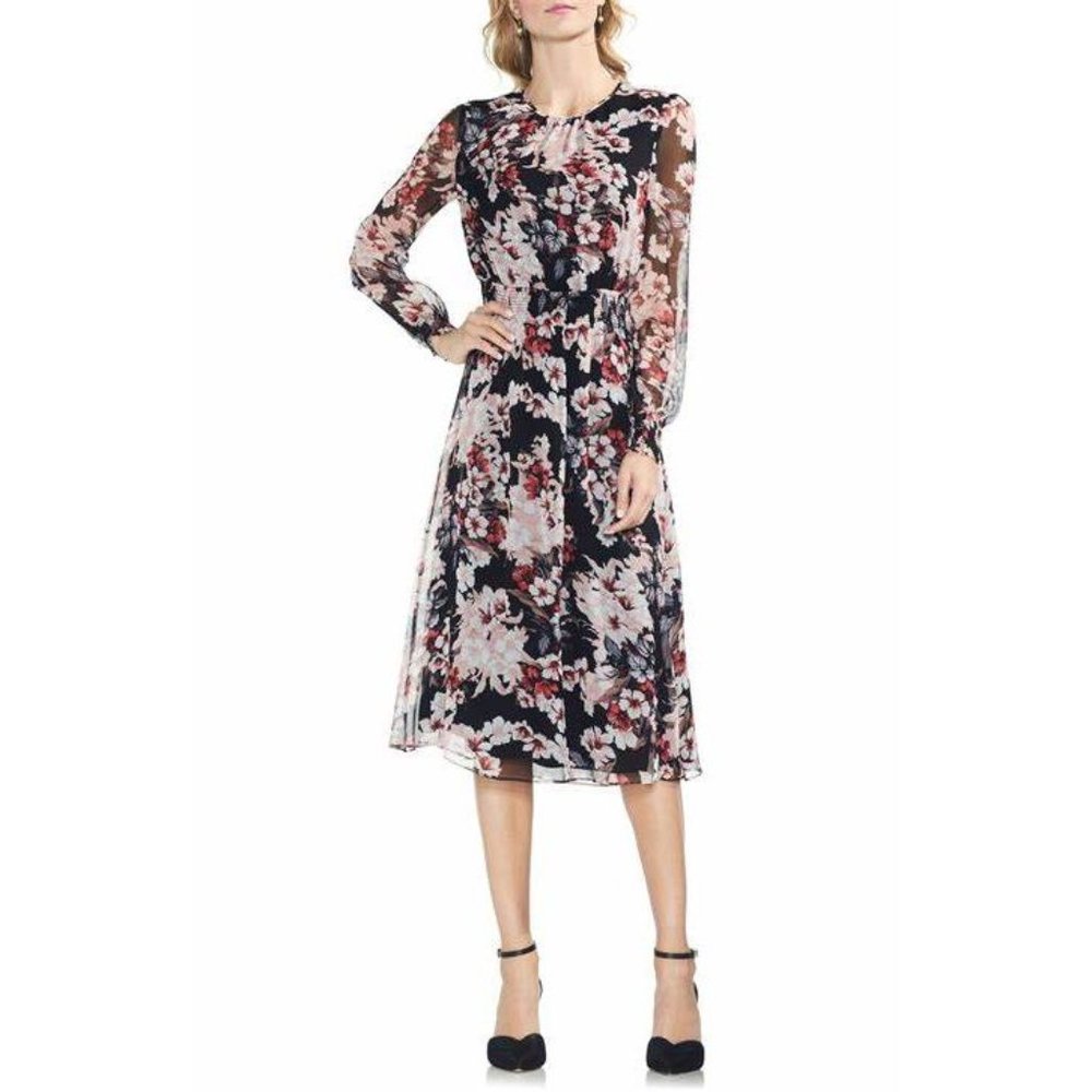 VINCE CAMUTO Black Floral Timeless Blooms Cinch Waist Midi Dress sz M Women's